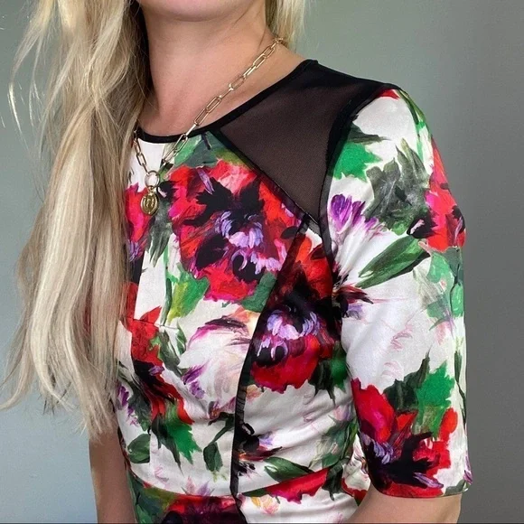 Milly New York Floral Sheath Dress with Mesh Inset & Piping - Picture 3 of 16